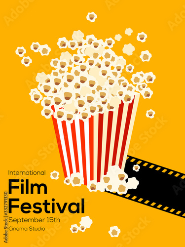 Movie and film poster design template background with vintage filmstrip and popcorn