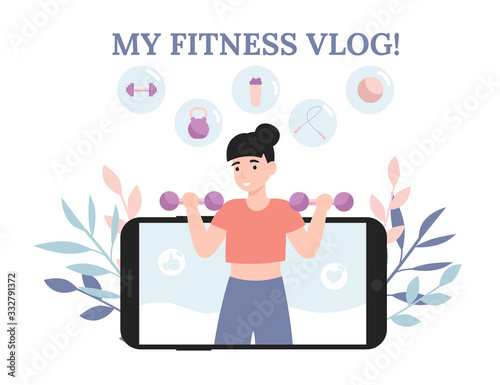 Young blogger or vlogger girl. Woman do fitness and shoot video lessons on camera. Concept flat vector illustration for web landing page, banner, social media, poster, application.