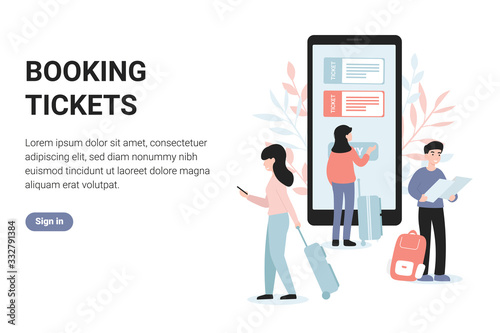 Booking online tickets now. Flat vector modern concept illustration web page, banner, poster, template, layout.