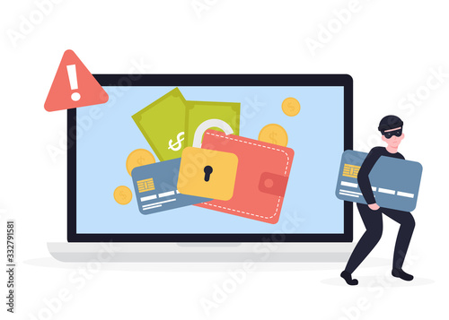 Cyber thief breaks laptop and steals money, credit card details. Hacked lock and bad antivirus. Flat vector cartoon illustration concept.