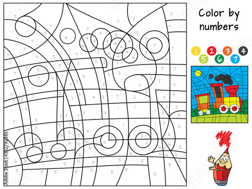 Train. Color by numbers. Coloring book. Educational puzzle game for children. Cartoon vector illustration