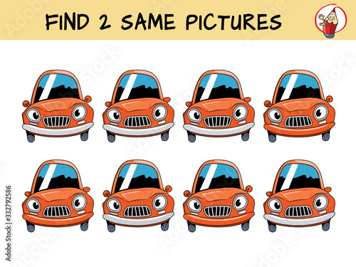 Funny cars with eyes. Find two the same pictures. Educational matching game for children. Cartoon vector illustration
