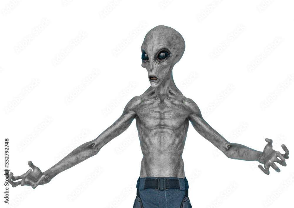 grey alien on military ready to win in white background grey alien on military ready to win in white background