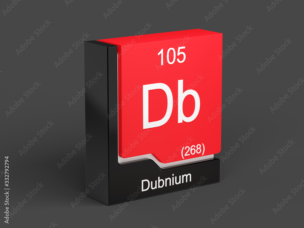 Dubnium, periodic table element modern icon series, 3D rendered on black background Dubnium, periodic table element modern icon series, 3D rendered on black background