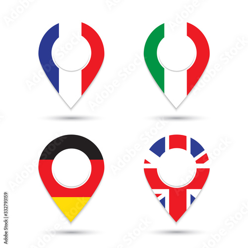 Germany Italy France UK flags geolocation sign isolated on white vector illustration