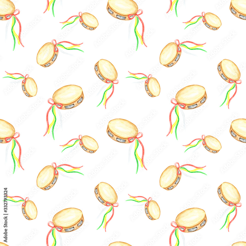 Seamless pattern Italian tarantella a tambourine on white background