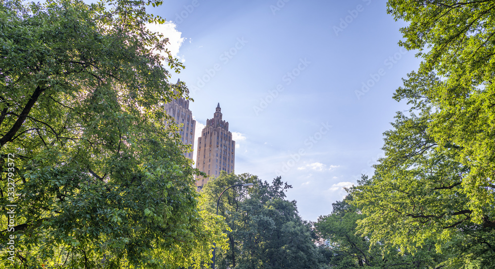 Manhattan skyscrapers framed by Central Park trees