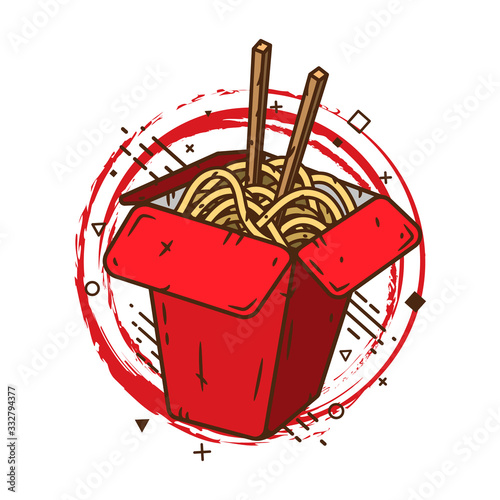 Wok box with noodles. Vector illustration.