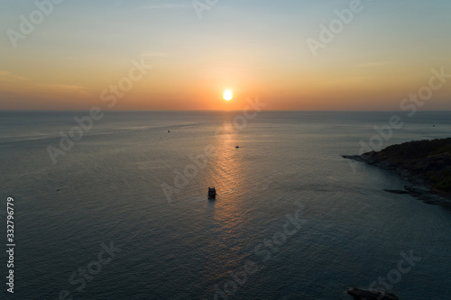 Fototapeta Naklejka Na Ścianę i Meble -  Sunset over sea Beautiful light of nature image by Drone camera.