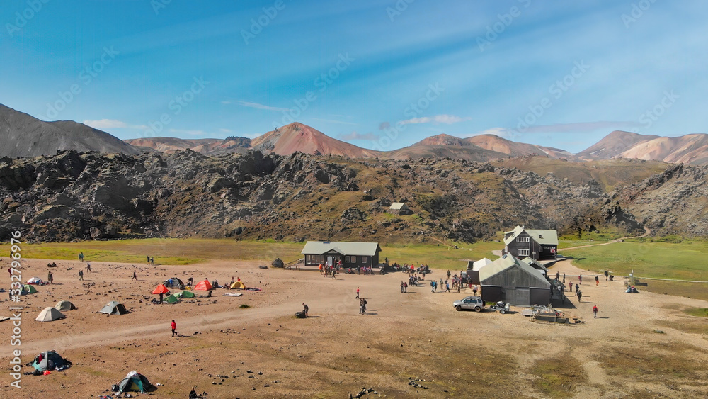 Obraz premium Aerial view of Landmannalaugar mountains and landscaoe from car parking, Iceland