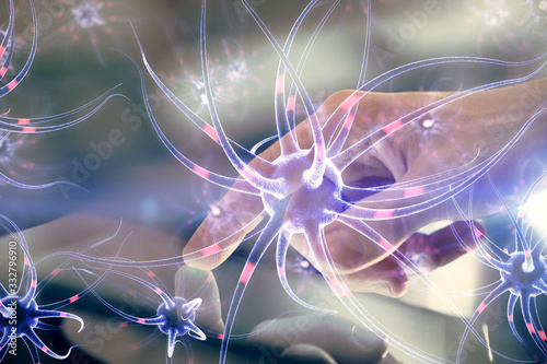 Double exposure of man's hands holding and using a phone and neuron drawing. Education concept.