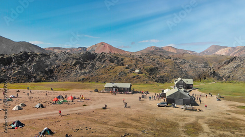 Aerial view of Landmannalaugar mountains and landscaoe from car parking, Iceland