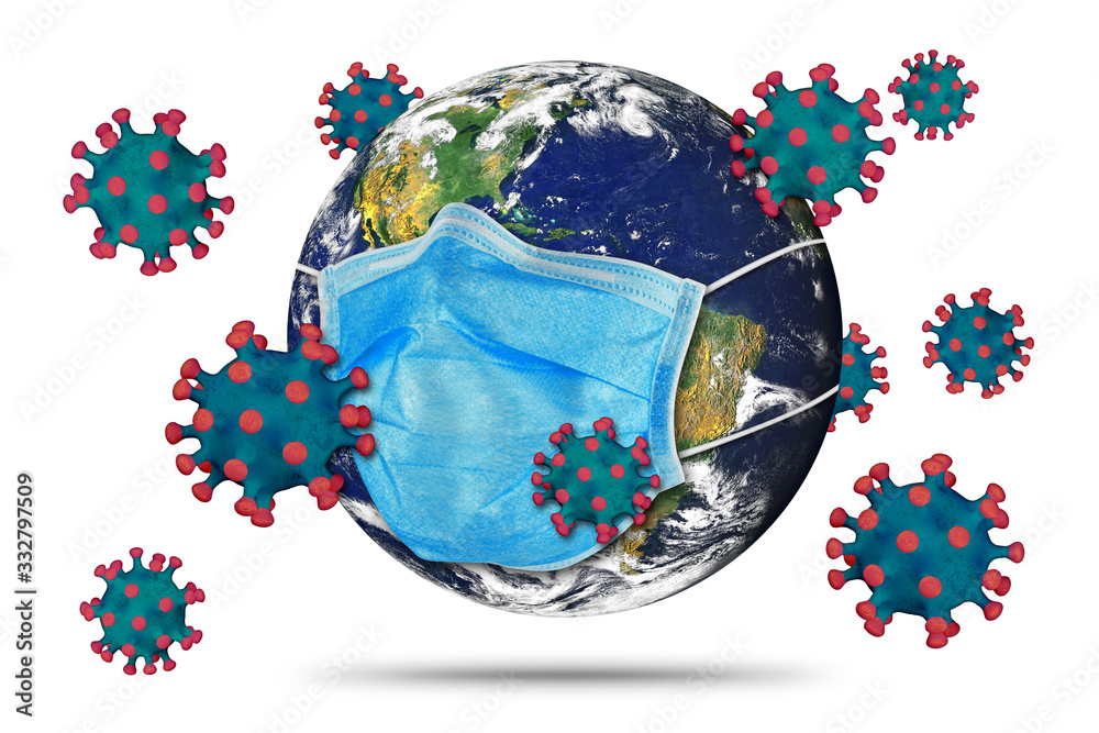 Coronavirus earth world globe with blue respirator breathing face mask.  Corna virus global outbreak pandemic epidemic medical prevention concept  isolated .Elements of this image furnished by NASA Stock Illustration |  Adobe Stock