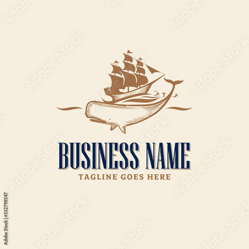 Ship and Whale in Scrimshaw art style vector illustration logo. photo