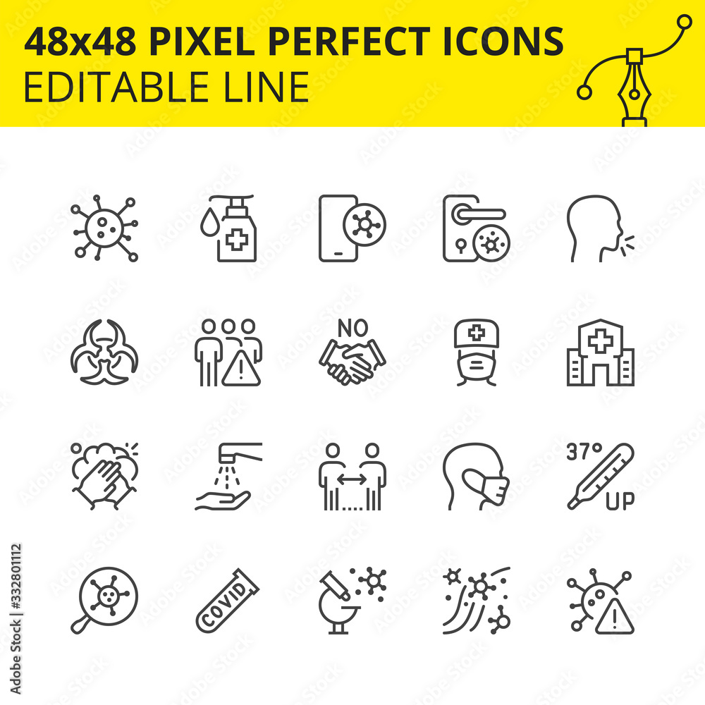 Editable Icons, Coronavirus Part-2 (2019-ncov or Covid-19). Includes Crowd, Doctor, Virus, etc. Pixel Perfect 48x48, Scaled Set. Vector. Editable Icons, Coronavirus Part-2 (2019-ncov or Covid-19). Includes Crowd, Doctor, Virus, etc. Pixel Perfect 48x48, Scaled Set. Vector.