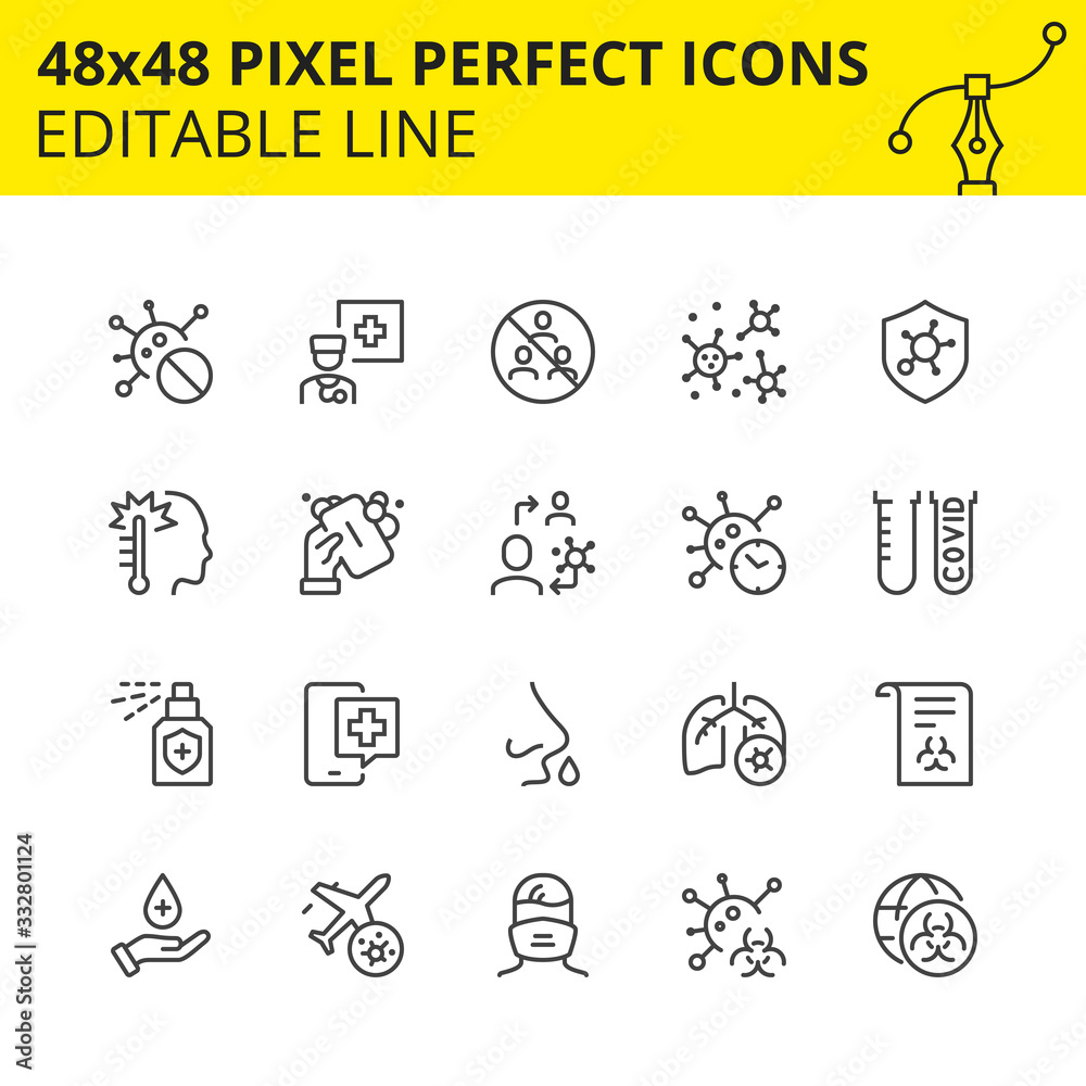 Scaled Icons of Coronavirus Part-1, Covid-19. Includes Germs, Virus, Hand Washing, Antiseptic, etc. Pixel Perfect 48x48, Scaled Set. Vector.