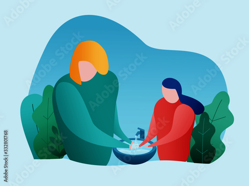 prevent the spread of corona virus covid-19, a mother teaches her daughter how to wash hands properly. vector illustration