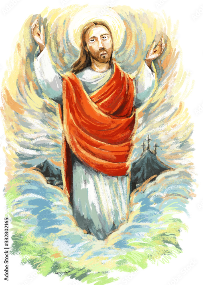 calm jesus messiah raising palm of hand in the background - illustration