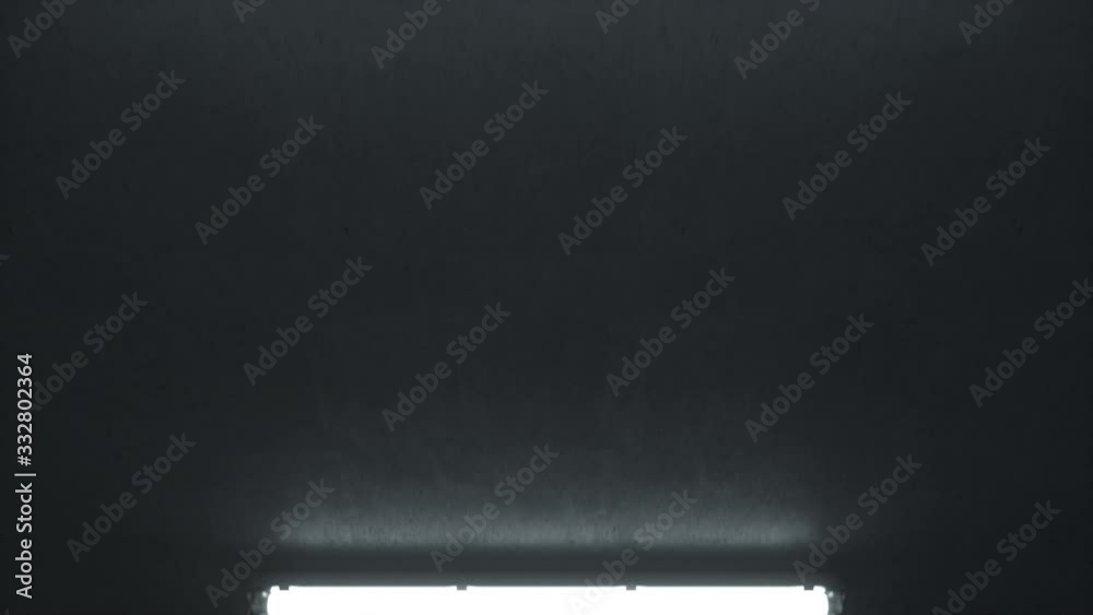 4k shot of white double fluorescent lighting turn on in industrial building. On the ceiling of a dark, cold room. Close up. A scary flickering neon light. Forward movement. 3d animation