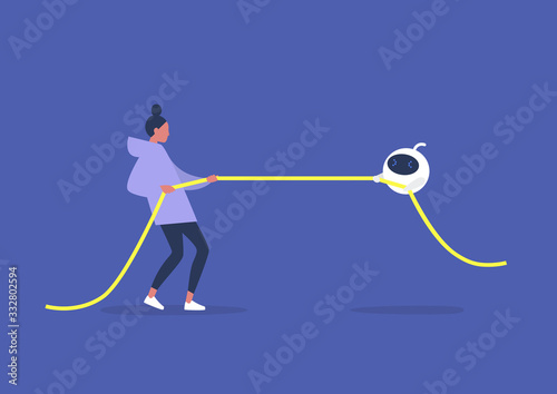 Tug of war, human versus artificial intelligence, technology competition, young female character pulling a rope