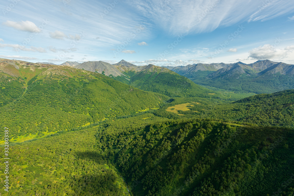 aerial view of Kamchatka volcanos, green valleys, snow and ice and the wonderful view of pure nature.