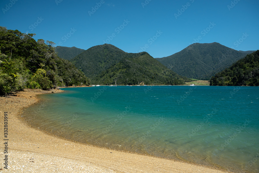 Sea and hills at Tennyson Inlet in Marlborough Sounds New Zealand