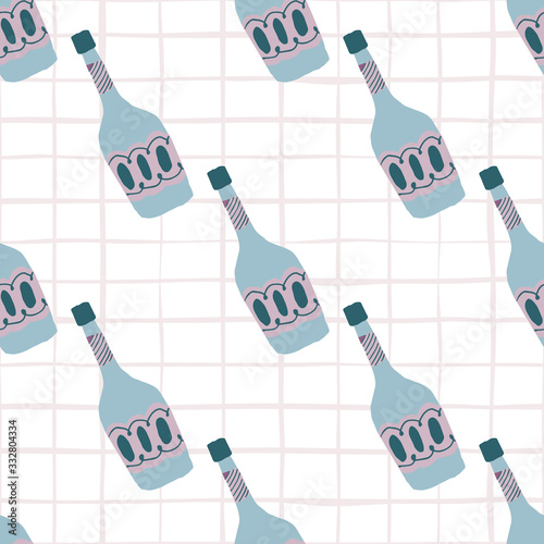 Funny glass bottle seamless pattern on stripes background. Alcohol rum bottles.