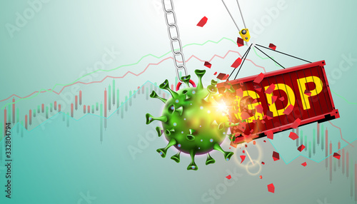 Pandemic and flu outbreak coronavirus or covid-19 effect to GDP trade and economy and stock market business and financial recession concept. Vector illustration design. Giant virus crash to container.