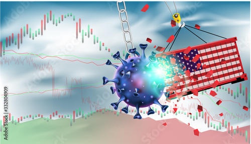 Pandemic and flu outbreak coronavirus or covid-19 effect to USA trade and economy and stock market business and financial recession concept. Vector illustration design. Giant virus crash to container.