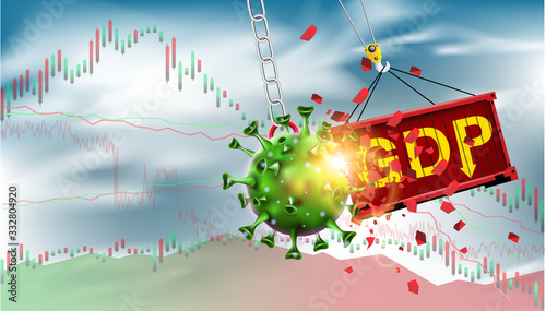 Pandemic and flu outbreak coronavirus or covid-19 effect to GDP trade and economy and stock market business and financial recession concept. Vector illustration design. Giant virus crash to container.