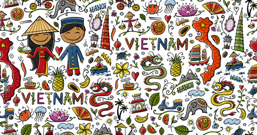 Travel to Vietnam. Seamless pattern with traditional Vietnamese cultural symbols. Vietnamese landmarks and lifestyle of people