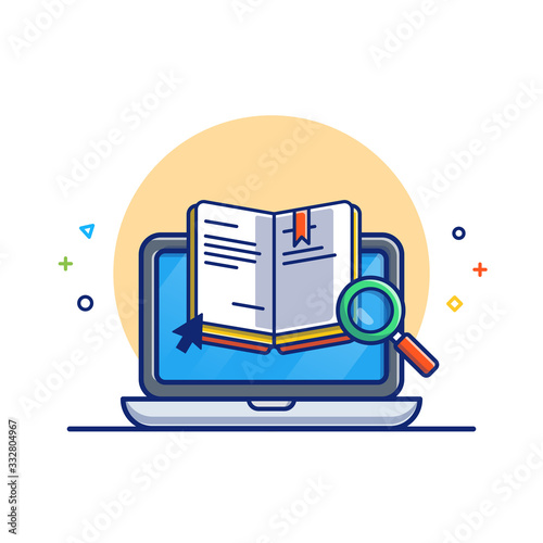 Online Education Vector Icon Illustration. Book And Laptop. Education Icon Concept White Isolated. Flat Cartoon Style Suitable for Web Landing Page, Banner, Flyer, Sticker, Card, Background