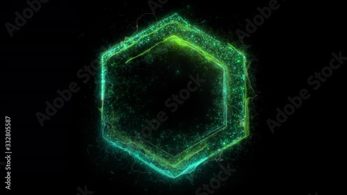 Seamless loop. Animation of a green  hexagonal electric portal consisting of lightning, energy and particles isolated on black background with alpha luma matte VFX CG 4k. Space door. Sci-fi. 