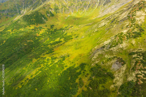aerial view of Kamchatka volcanos, green valleys, snow and ice and the wonderful view of pure nature.