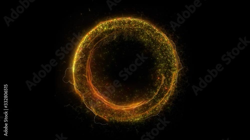 Seamless loop. Animation of a yellow round electric portal consisting of lightning, energy and particles isolated on black background with alpha luma matte VFX CG 4k. Space door. Sci-fi. Futuristic.