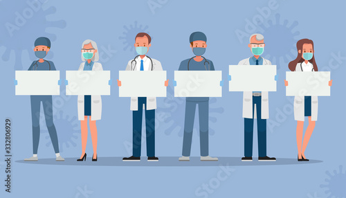 Set of doctor wear medical mask and holding blank paper. Coronavirus quarantine concept character vector design