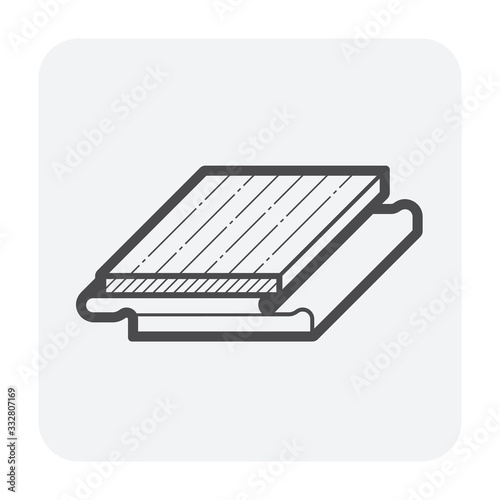 Engineered wood flooring vector icon. That is a floor finishing material for home interior decoration. Consist of hardwood layer  bonded over plywood. Include tongue and groove for joining with other.