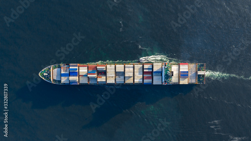 Aerial view container cargo ship, Global business import export commerce trade logistic and transportation worldwide by container cargo ship boat in the open sea, Freight shipping maritime vessel.