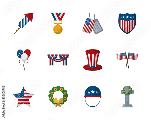 Memorial day flat style icon set vector design