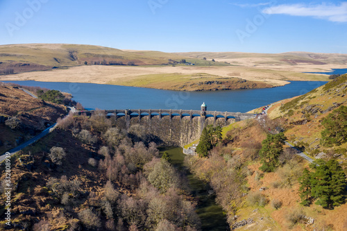 Aerial view of Craig goch elan valley on a bright sunny day in march 2020 winter photo