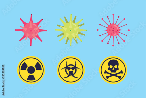 covid 19 particle with caution signals