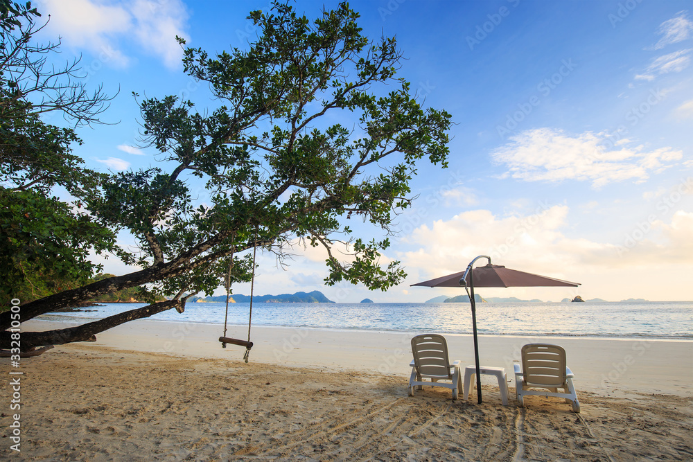 chairs and umbrella on sand beach at Nyaung Oo Phee Island, Andaman sea, Myanmar.. chairs and umbrella on sand beach at Nyaung Oo Phee Island, Andaman sea, Myanmar..