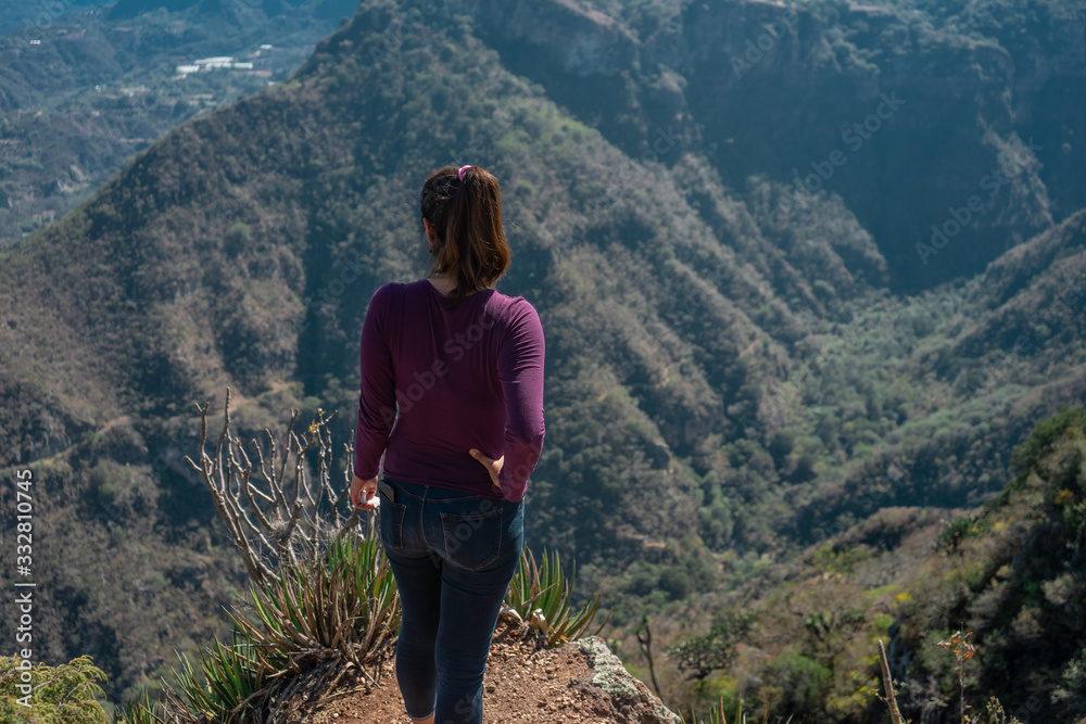 Naklejka premium mujer al borde de un acantilado mirando al horizonte en mirador de Peña al aire en el estado de HIdalgo