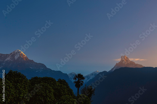 Mount Machhapuchhre or Fishtail in the Himalayas in Nepal. We can see the peak of Machhapuchhre along the way between the walking path to the Annapurna Base Camp.