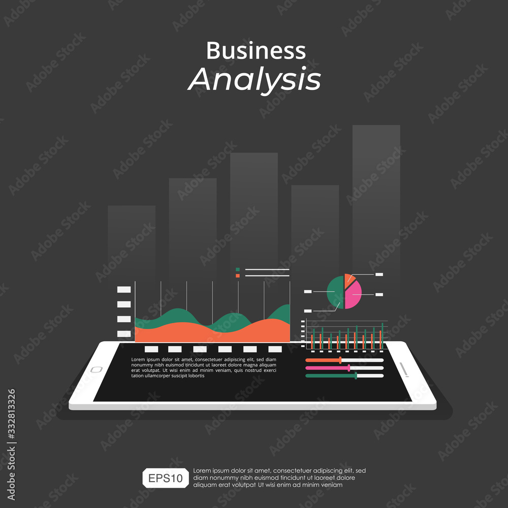 Business analysis on tablet screen concept. Analyzing company financial report balance with digital augmented graphics. Vector business template illustration Business analysis on tablet screen concept. Analyzing company financial report balance with digital augmented graphics. Vector business template illustration