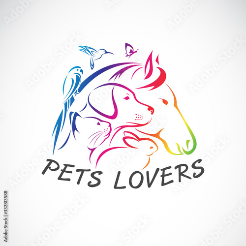 Vector group of pets - Horse, Dog, Cat, Humming bird, Parrot, Butterfly, Rabbit isolated on white background. Pet Icon or logo, Easy editable layered vector illustration. Animal group.