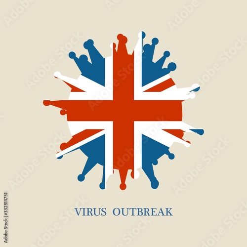 Abstract virus silhouette. Coronavirus virus danger relative illustration. Medical research theme. Virus epidemic alert. Flag of the UK