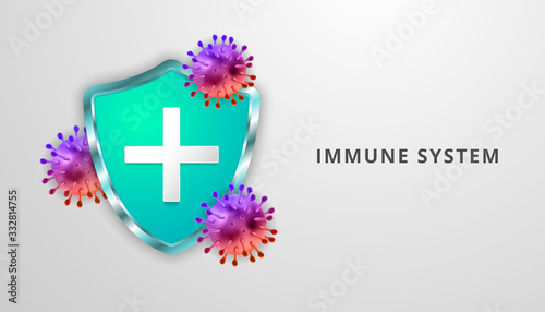 Immune System Shield Concept. Corona Virus 2020 virus disease. Covid-19 outbreak and coronaviruses influenza . Coronavirus 2019-nCoV. Pandemic medical health risk 3d realistic vector