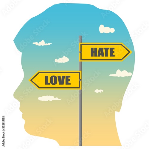Double exposure portrait of young man and road signs. Love and Hate text pointing in opposite directions.