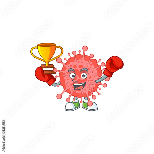 Happy face of boxing winner coronavirus disaster in mascot design style